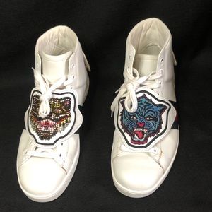 Gucci White Leather, Lion Patch Ace High Top Sneakers Size 10M US AUTHENTIC